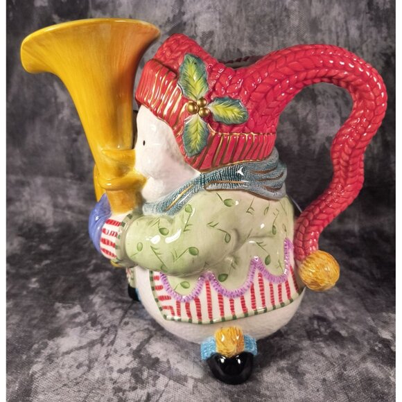 Fitz & Floyd Snowman Jamboree Hand-Painted Ceramic Pitcher With Trumpet Handle - Picture 2 of 6